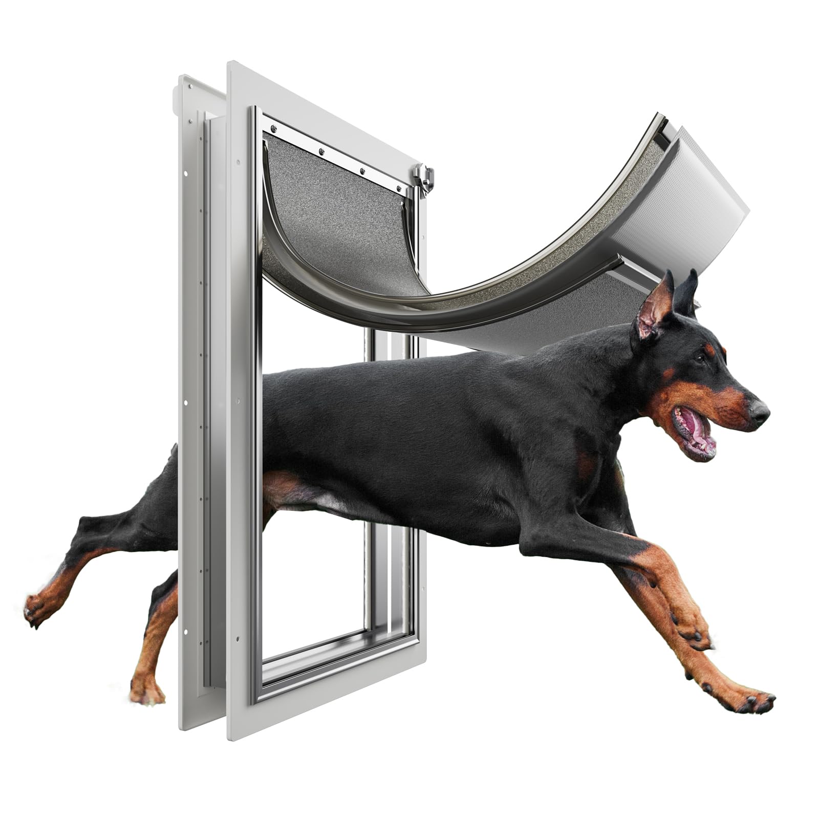 Eillion extra-large dog door exterior frame highlights durable aluminum construction.