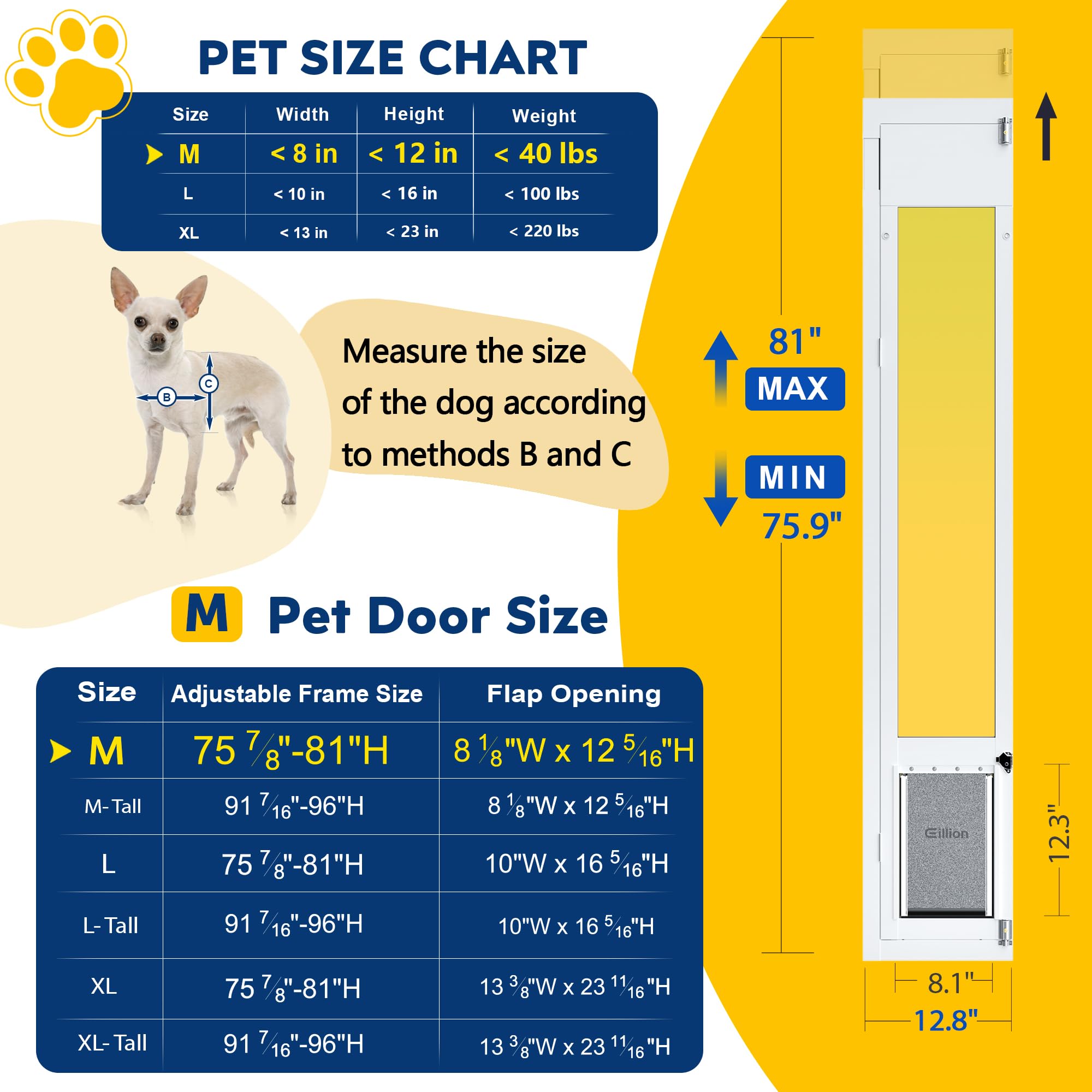 Eillion height-adjustable door showing range from 75 7/8 to 81 inches for standard patios.