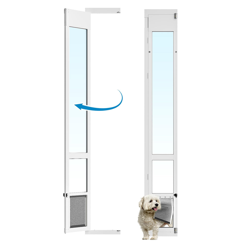 Eillion medium dog door installed on sliding glass door with inward opening for space efficiency.