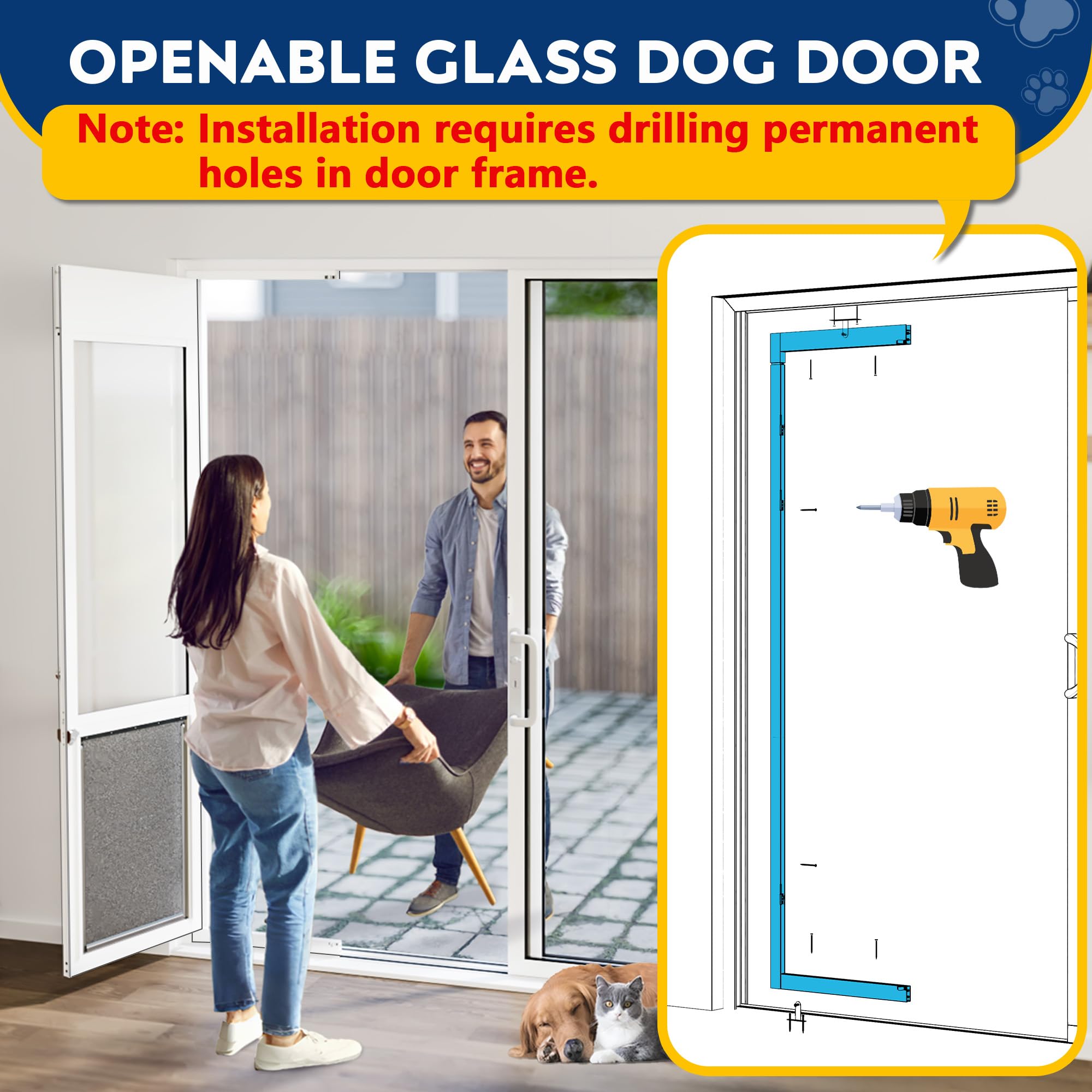 Eillion XLarge dog door height adjustment accommodates most sliding doors.