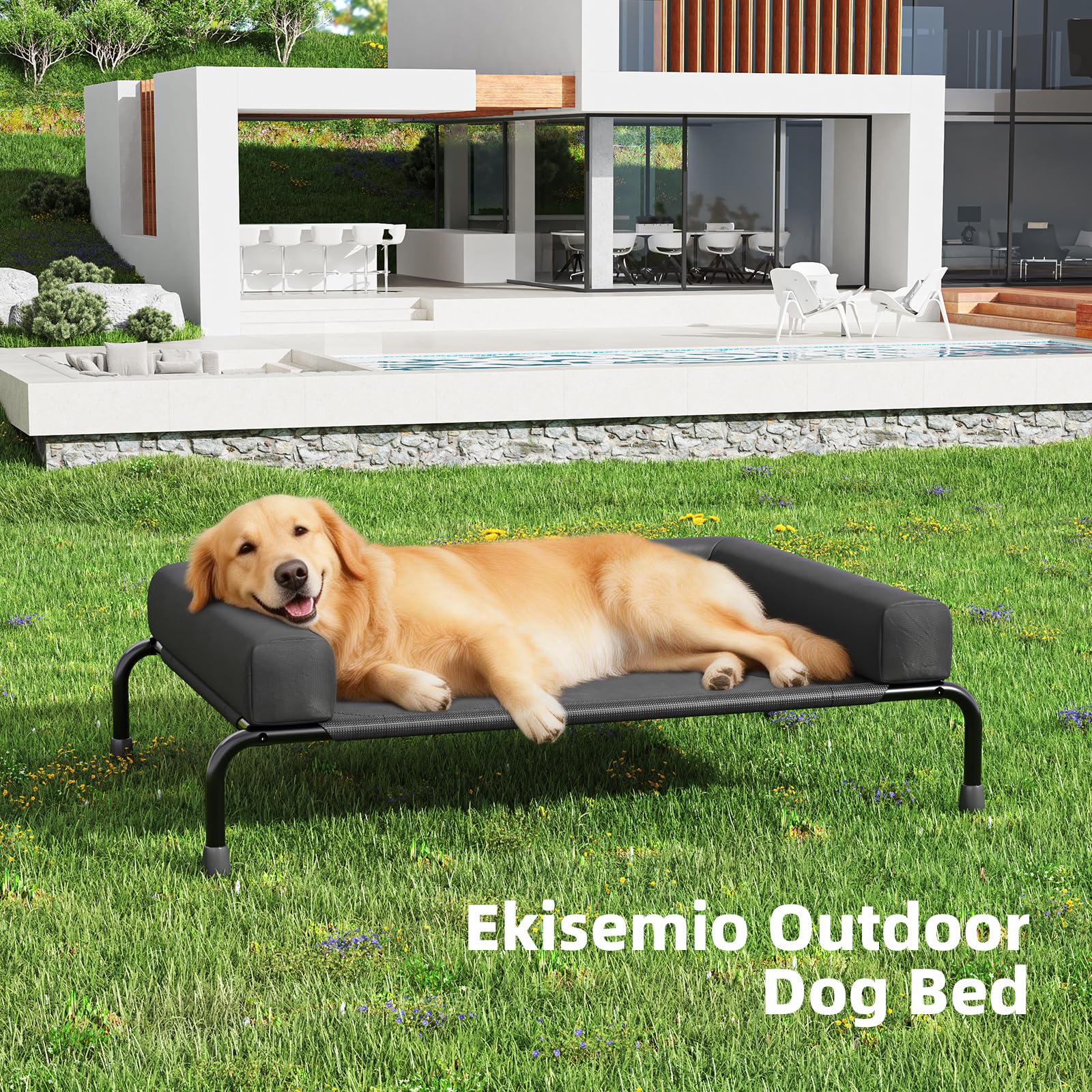 Indoor and outdoor use of Ekisemio elevated dog bed on patio or living room