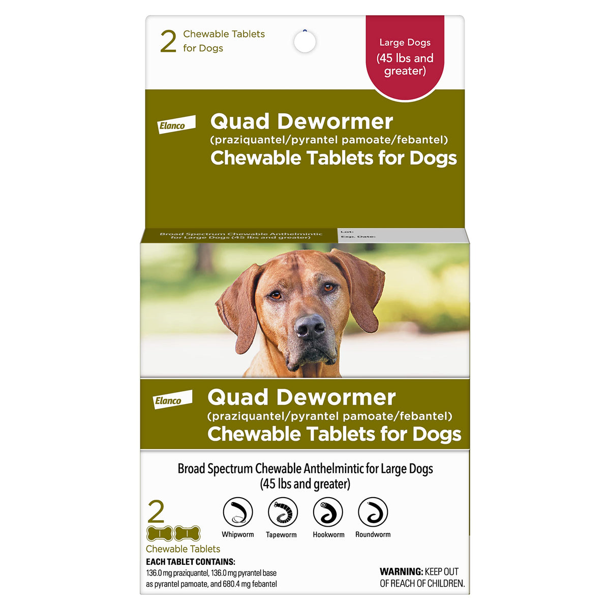 Elanco Quad Dewormer beef-flavored tablets for large dogs.