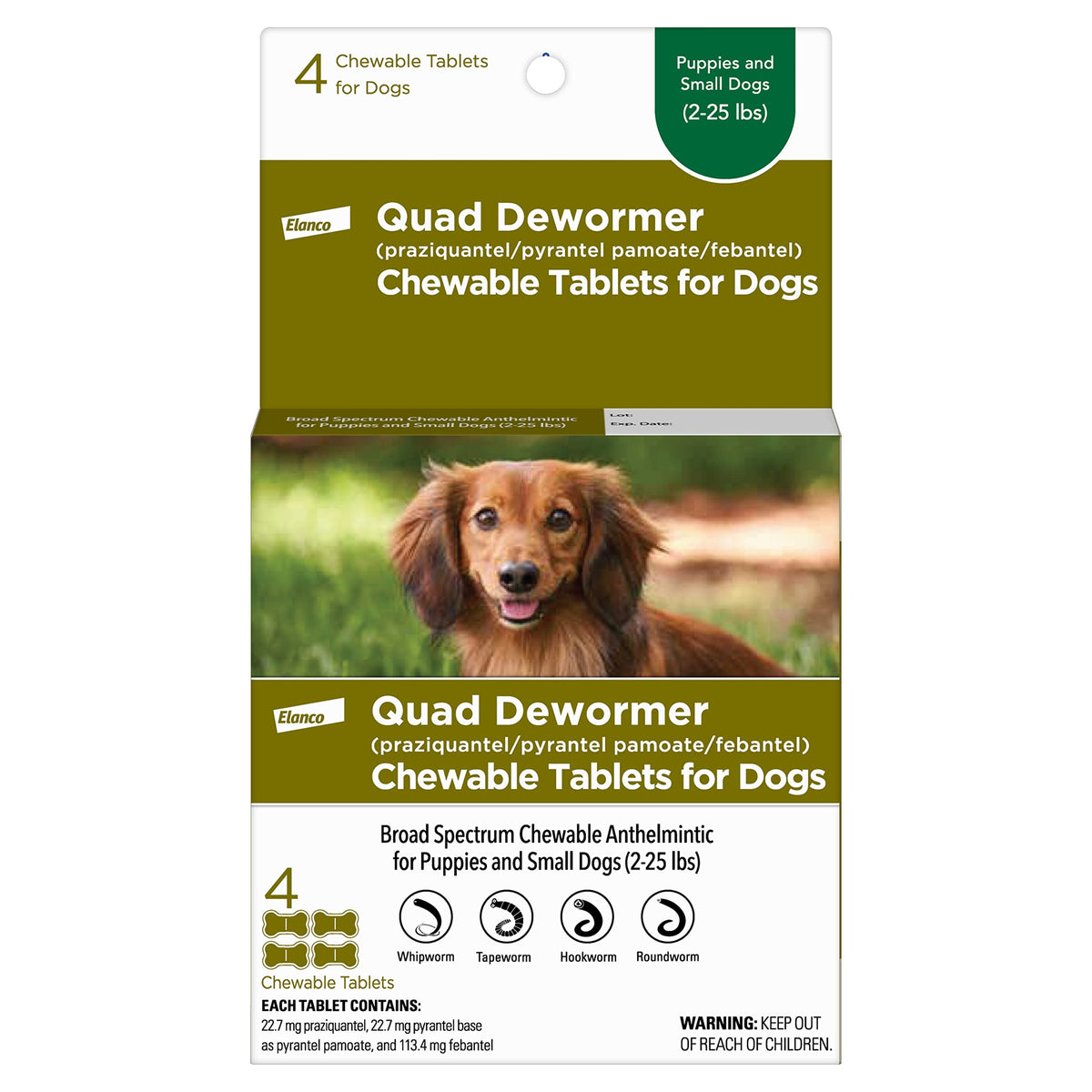 Elanco Quad Dewormer chewable beef-flavored tablet for easy dosing.