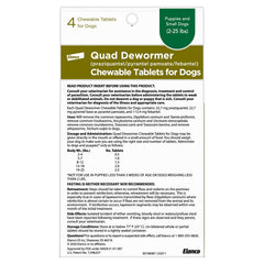 Elanco Quad Dewormer packaging shows four tablets for small dogs.