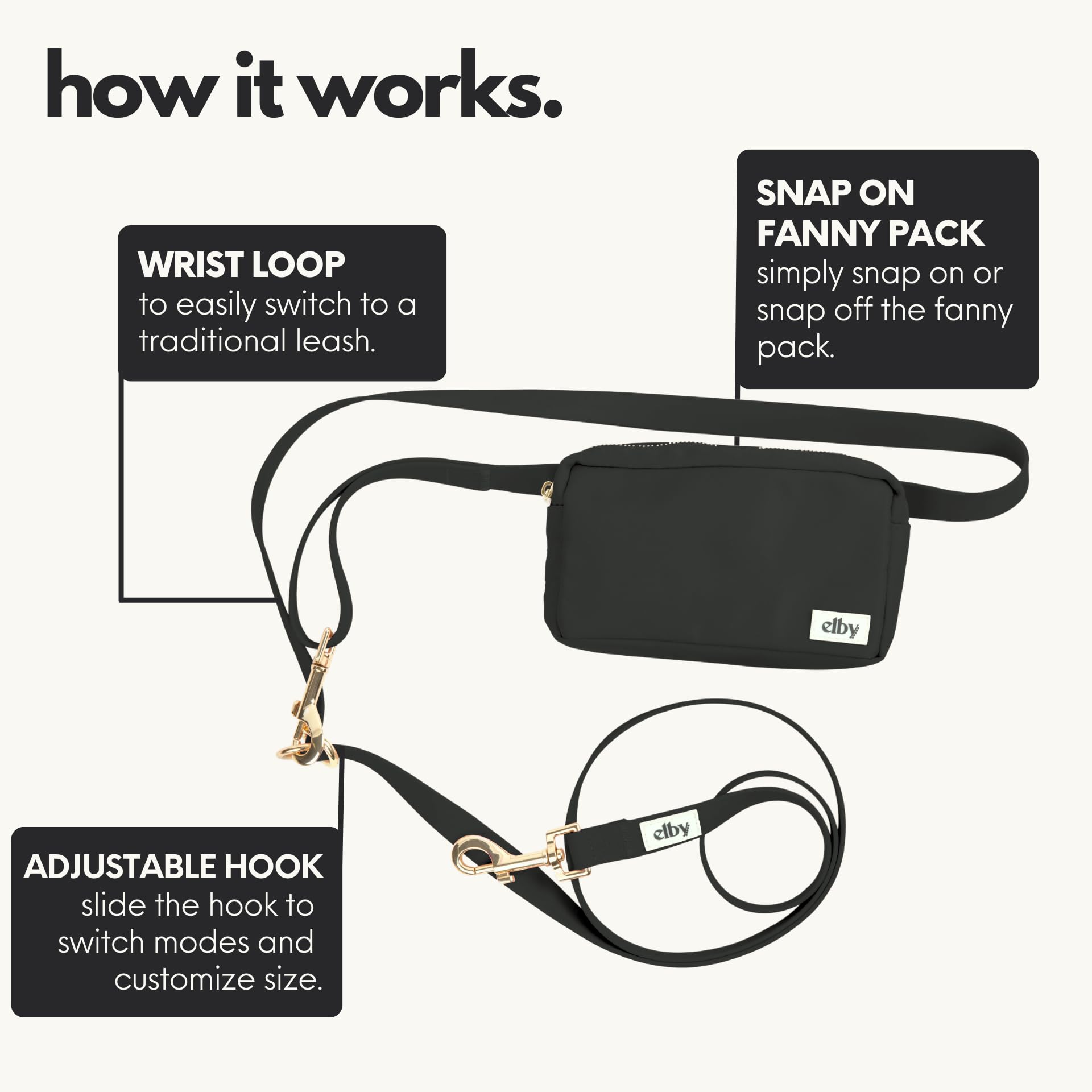 Elby waist leash mode offers flexible control during on-the-go training.