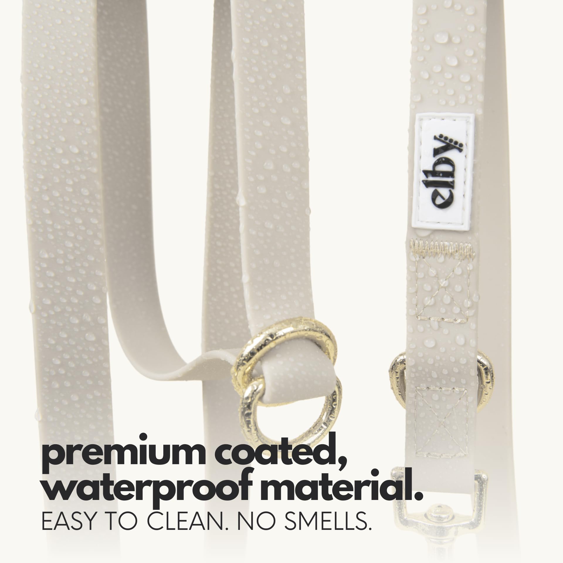 Elby waterproof coated dog leash material resists rain and wipes clean.