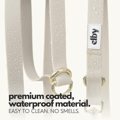 Elby waterproof coated dog leash material resists rain and wipes clean.