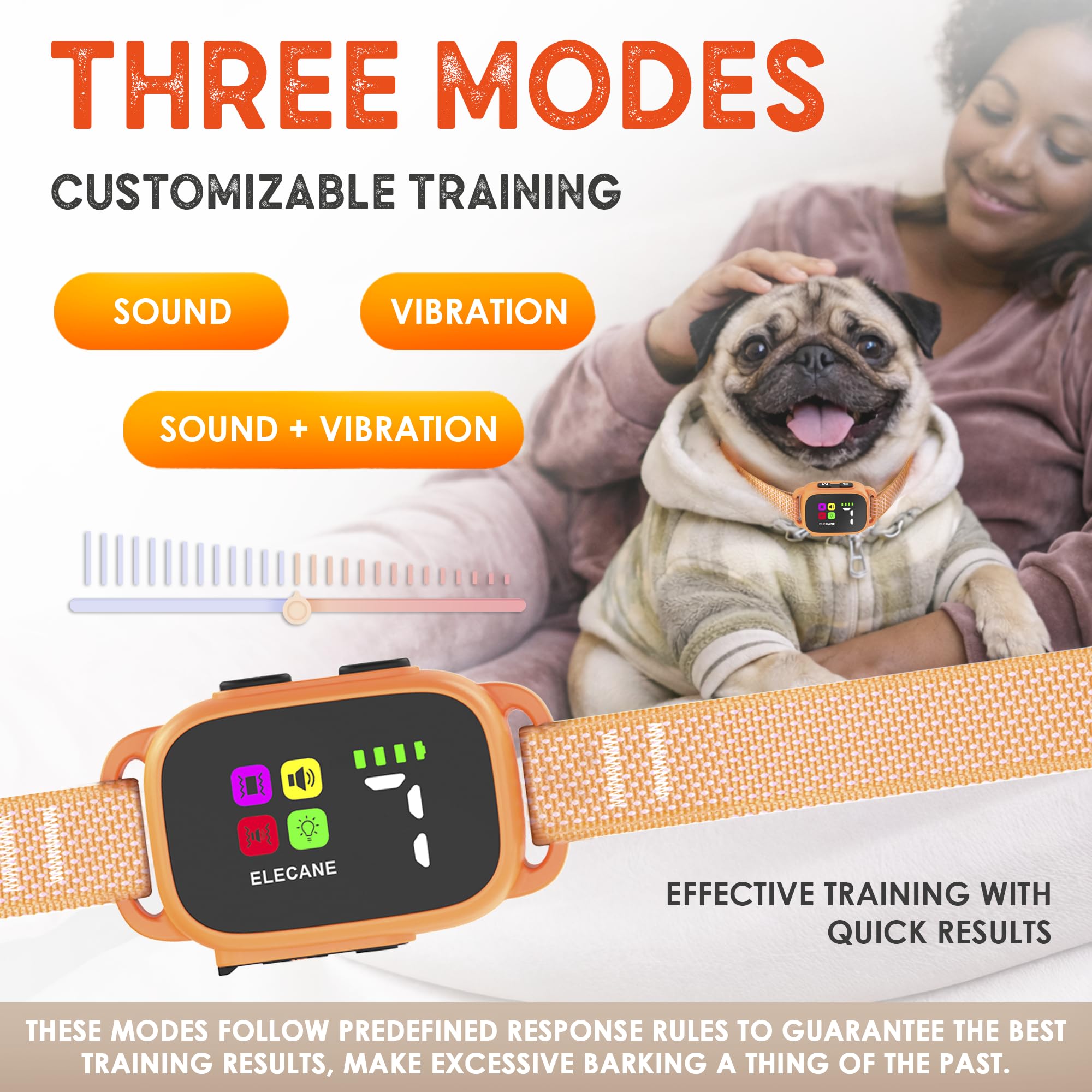 ELECANE Bark Collar with 7 sensitivity levels for customizable training responses.