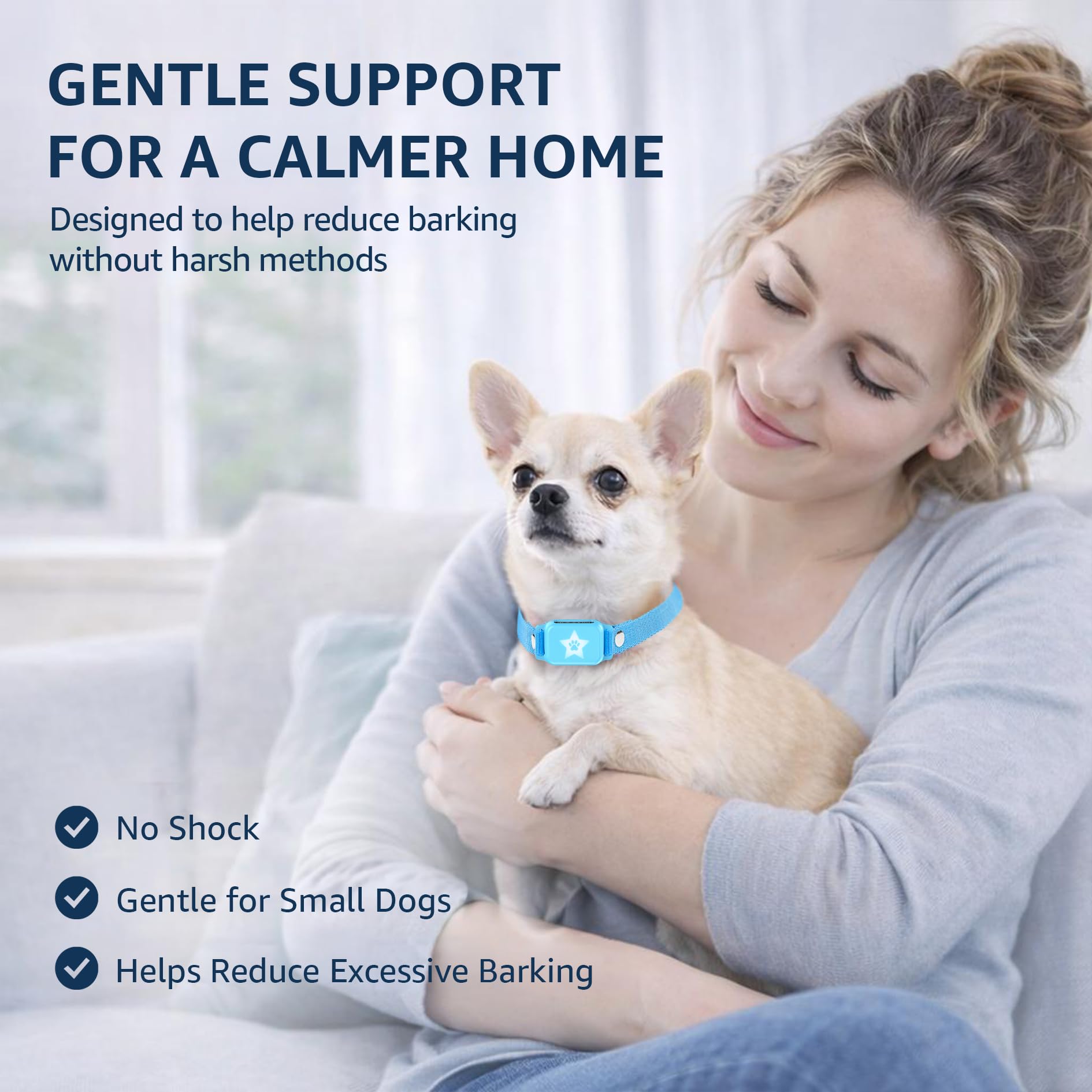 Sky blue ELECANE Bark Collar shown on dog for stylish training.