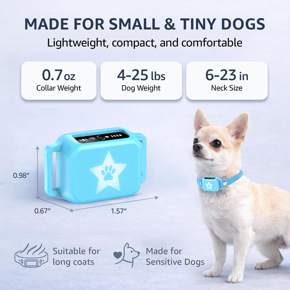 Ultra-light ELECANE Bark Collar worn by a tiny dog for all-day comfort.
