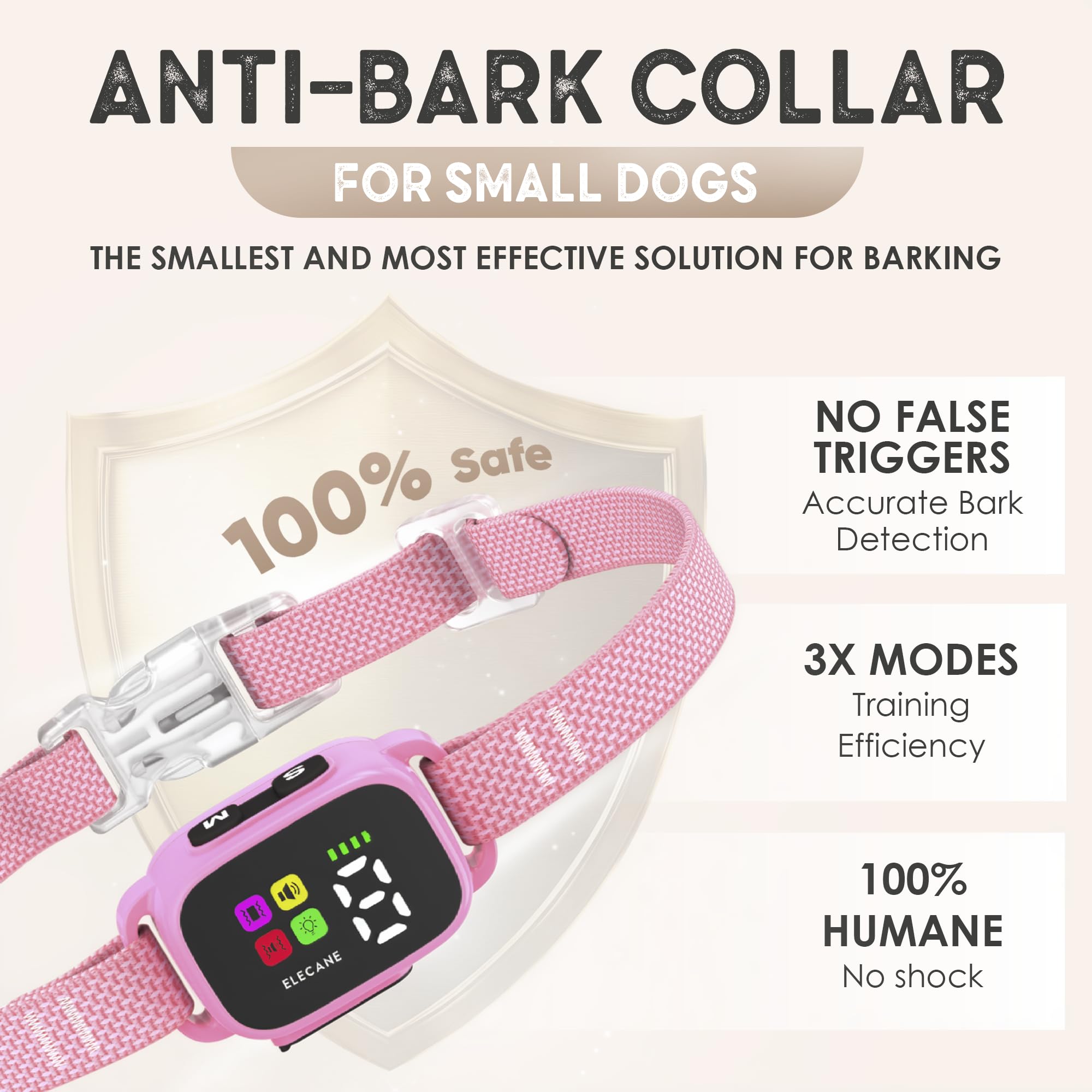 ELECANE Tiny Bark Collar pink worn on a small dog for gentle training and comfort.