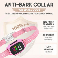 ELECANE Tiny Bark Collar pink worn on a small dog for gentle training and comfort.