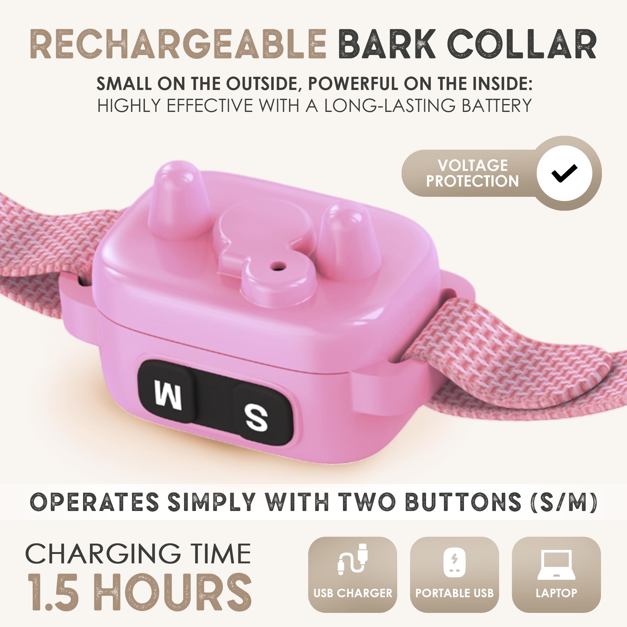 ELECANE tiny-bark-collar-pink rechargeable battery supports daily training.