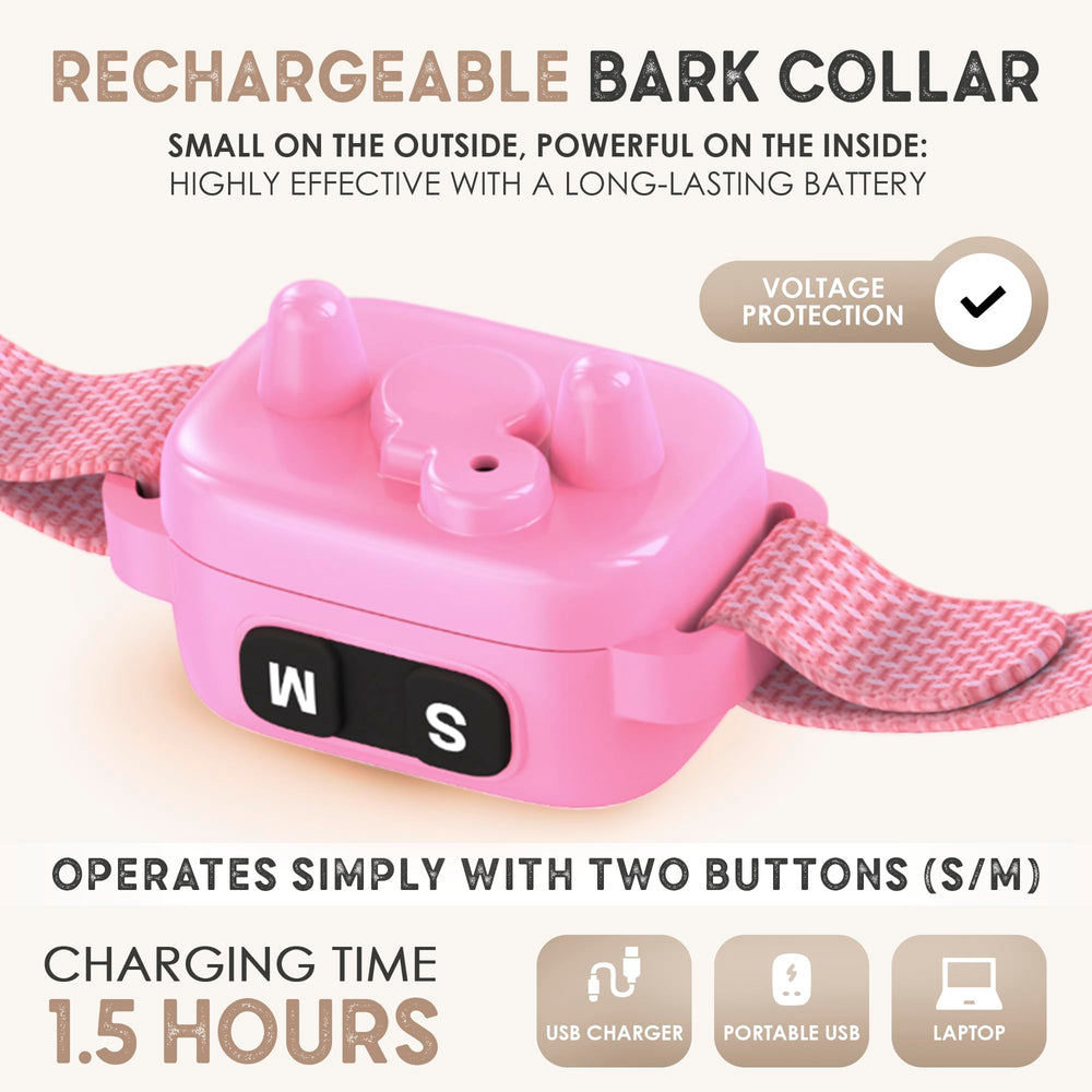 ELECANE tiny-bark-collar-pink rechargeable battery supports daily training.