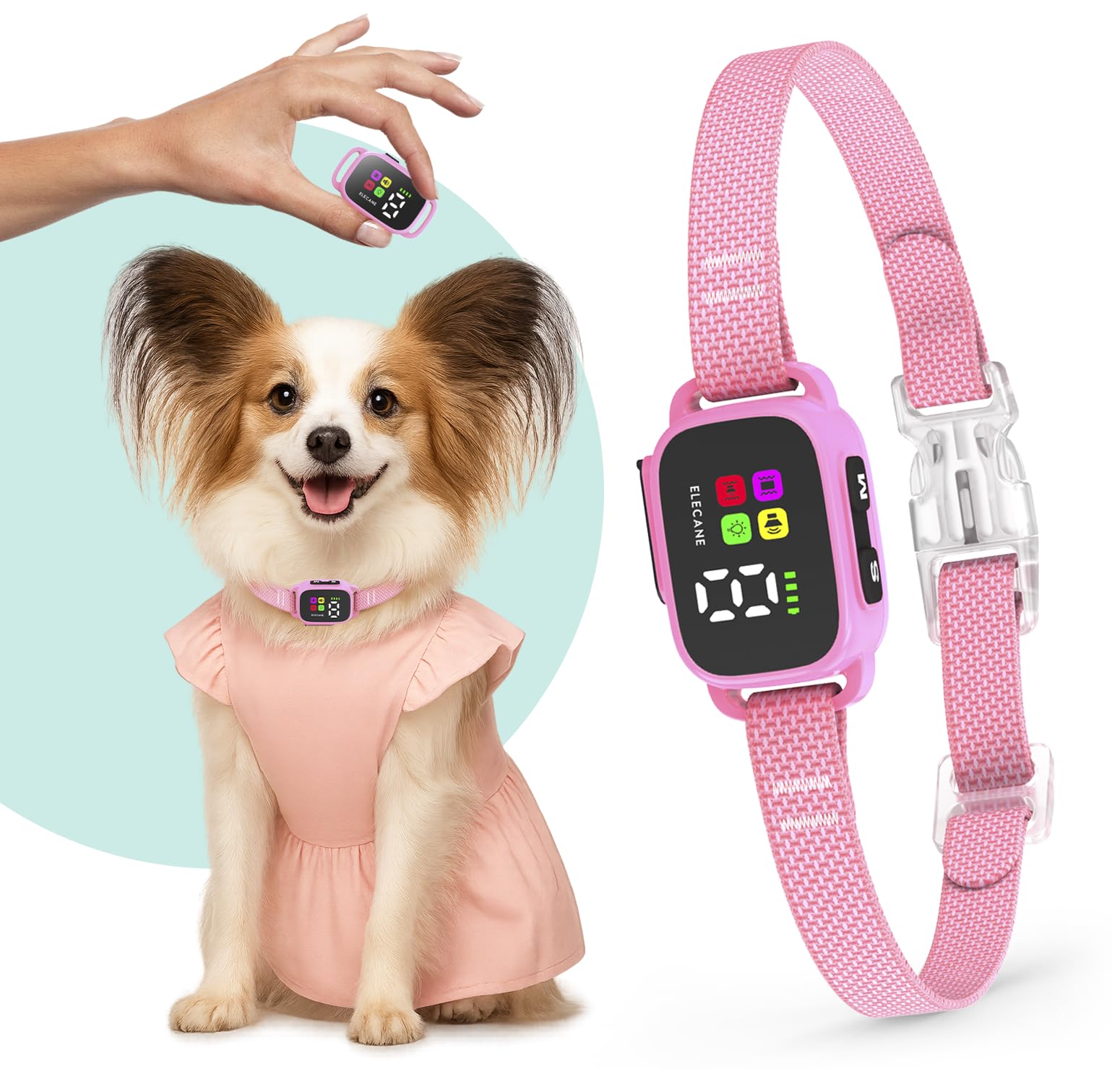 ELECANE Tiny Bark Collar in pink close-up, lightweight design for small dogs and puppies.