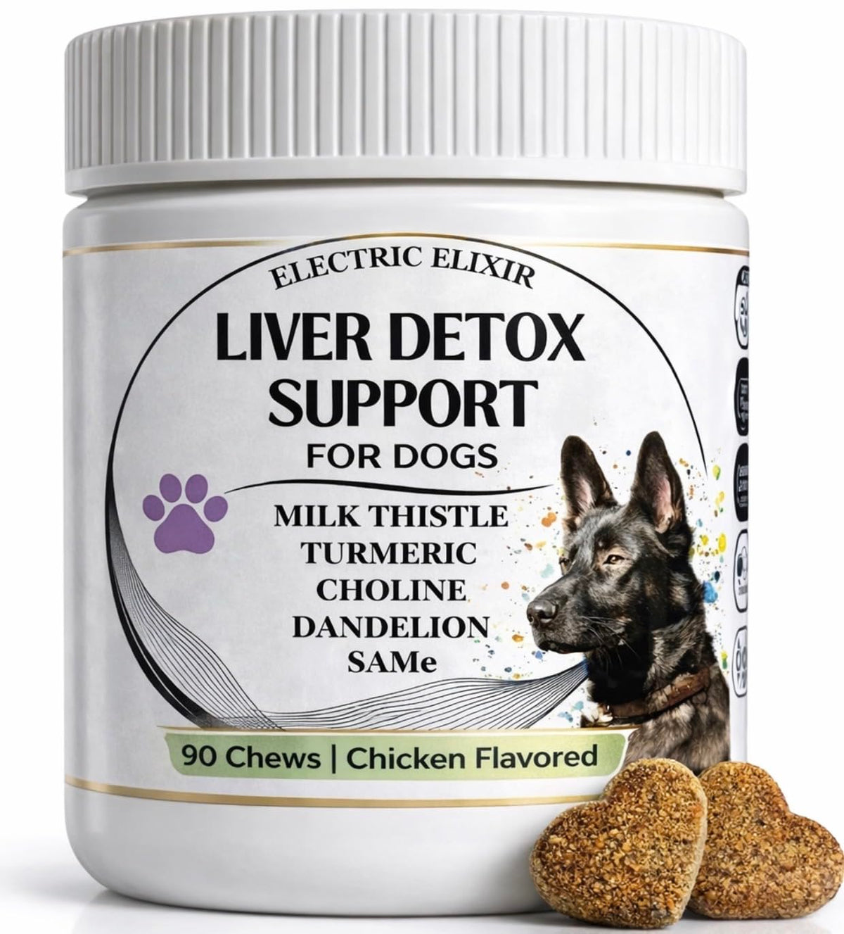Electric Elixir liver support chews in a bottle promote canine liver wellness.