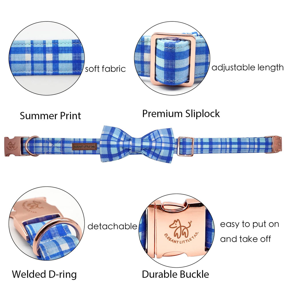 Elegant little tail blue plaid bow attached to collar, ideal for festive looks.
