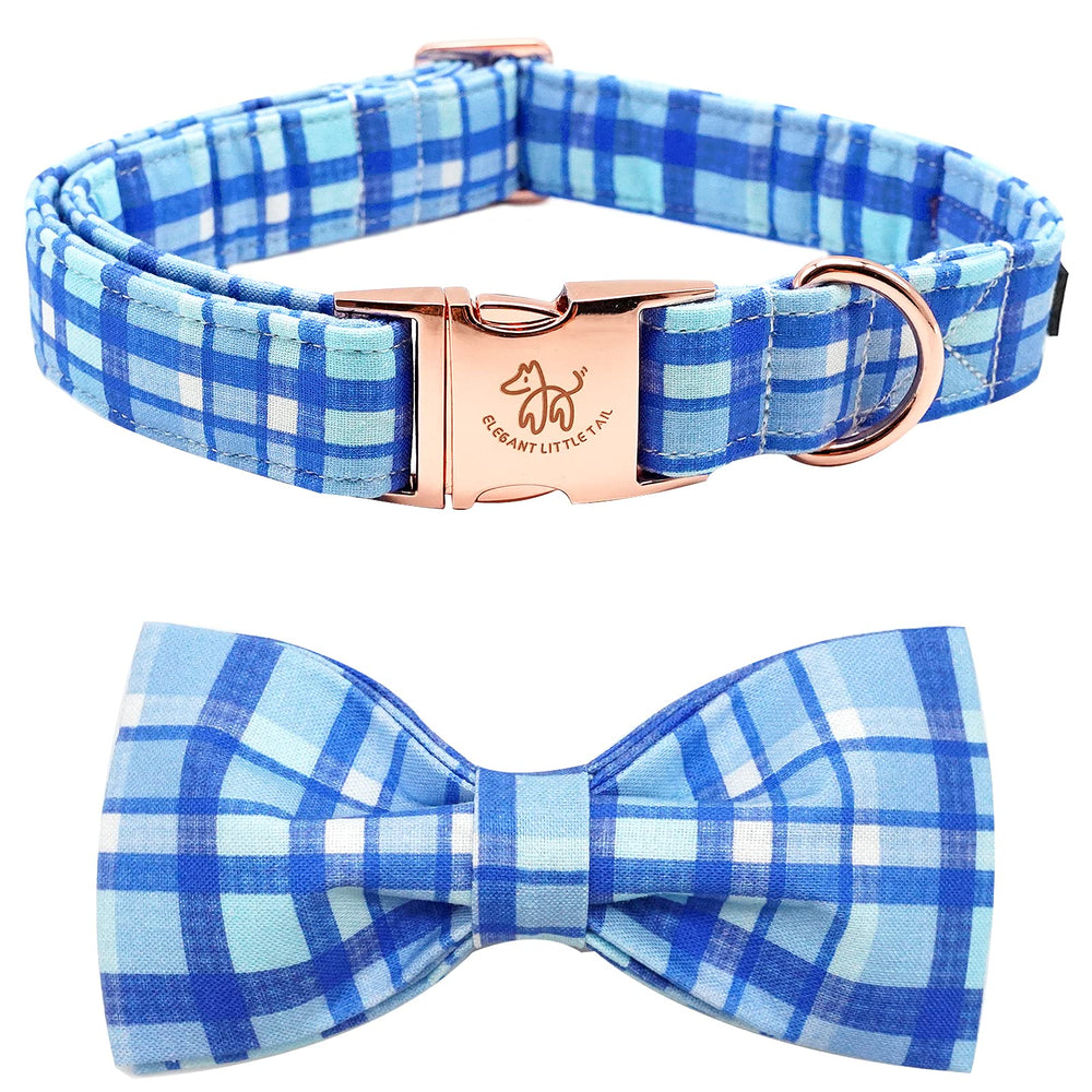 Elegant little tail blue plaid collar on a medium dog with bow for stylish comfort.