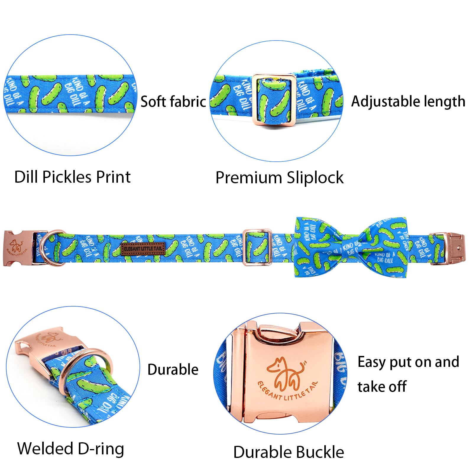 Elegant Little Tail dill pickles collar bow attachment demonstrates secure elastic straps for durable pet wear