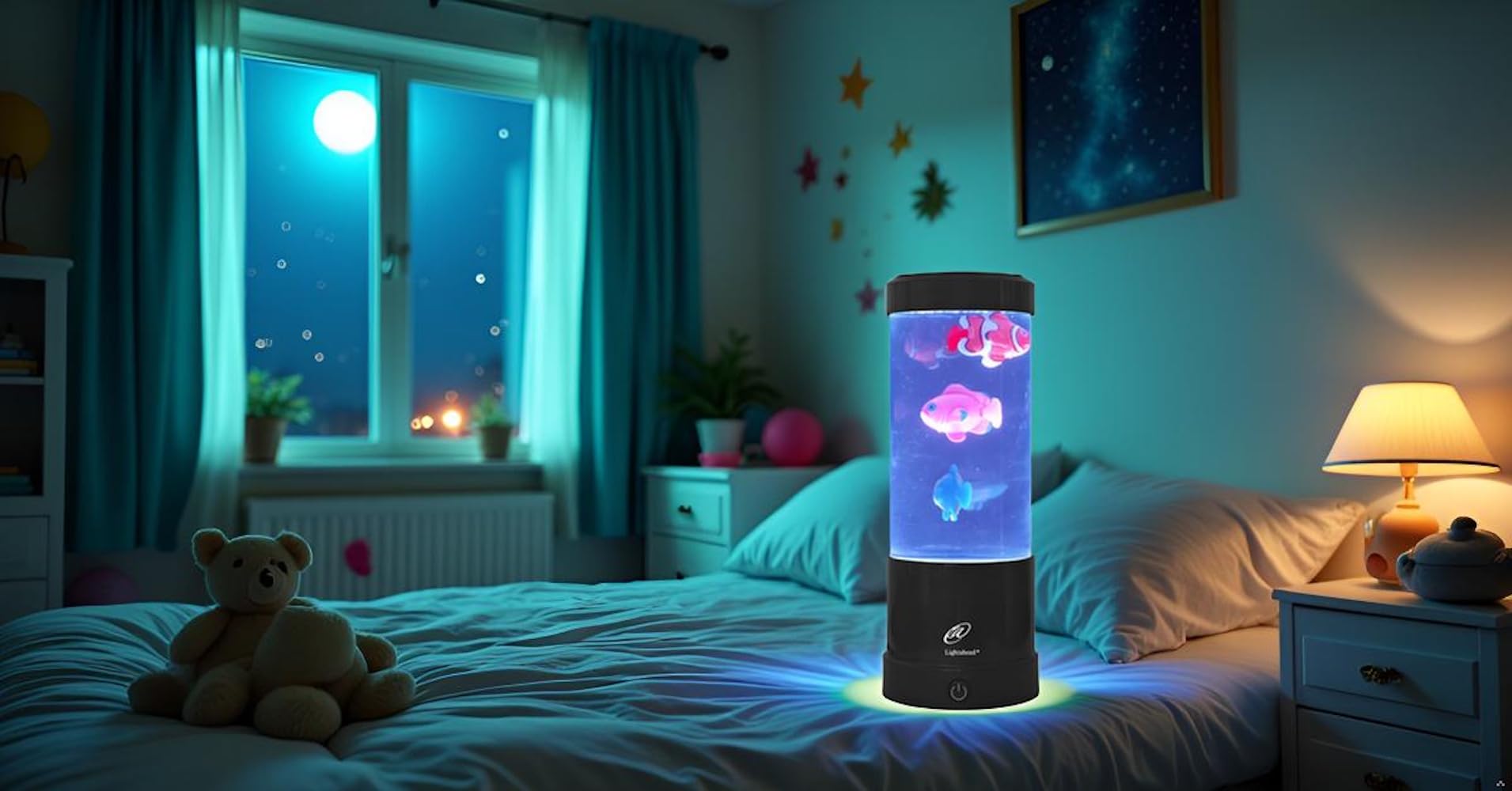 Elegantoss Lightahead lamp features three synthetic fish and RGB LEDs for ambience.