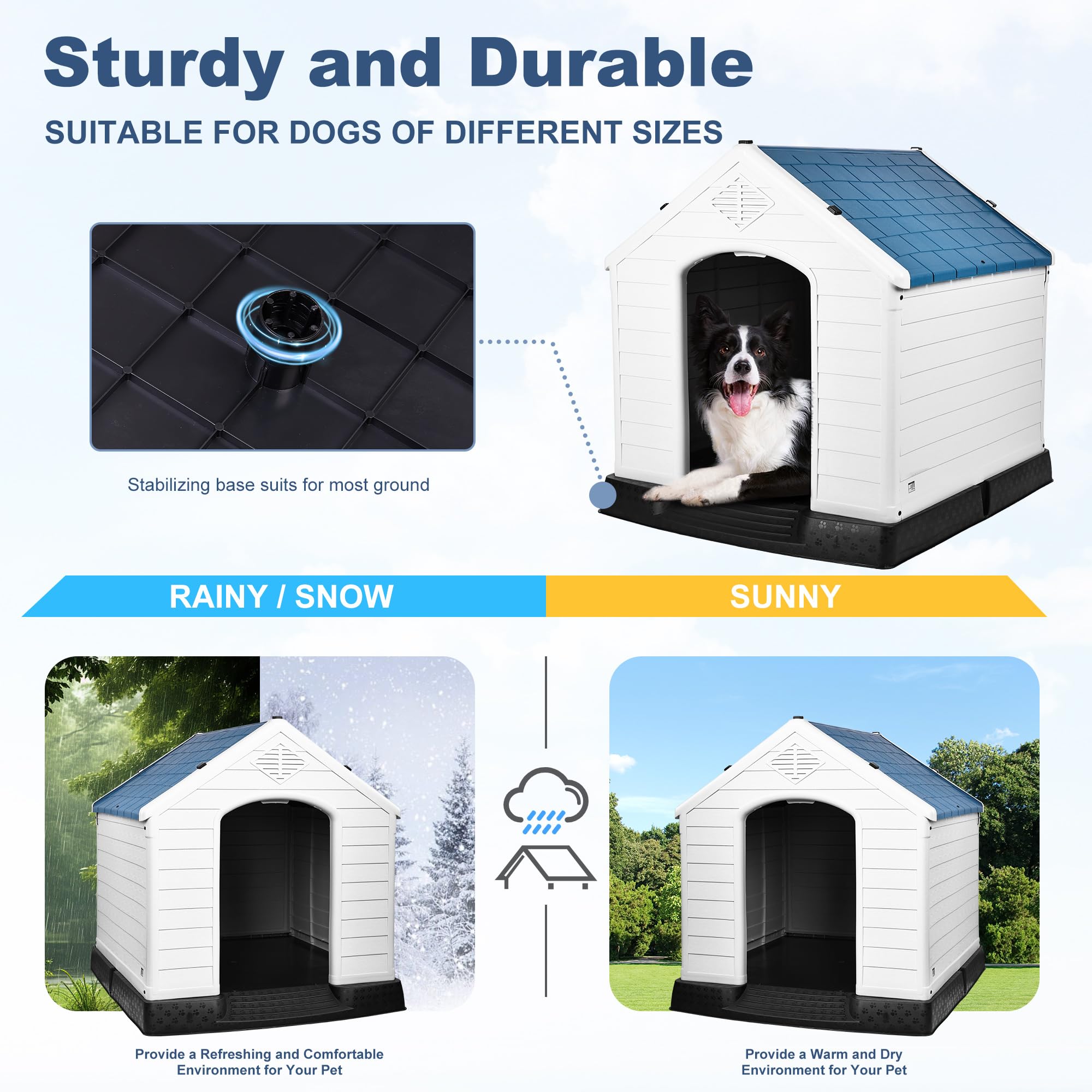Elevon plastic dog house elevated floor keeps paws dry and clean.