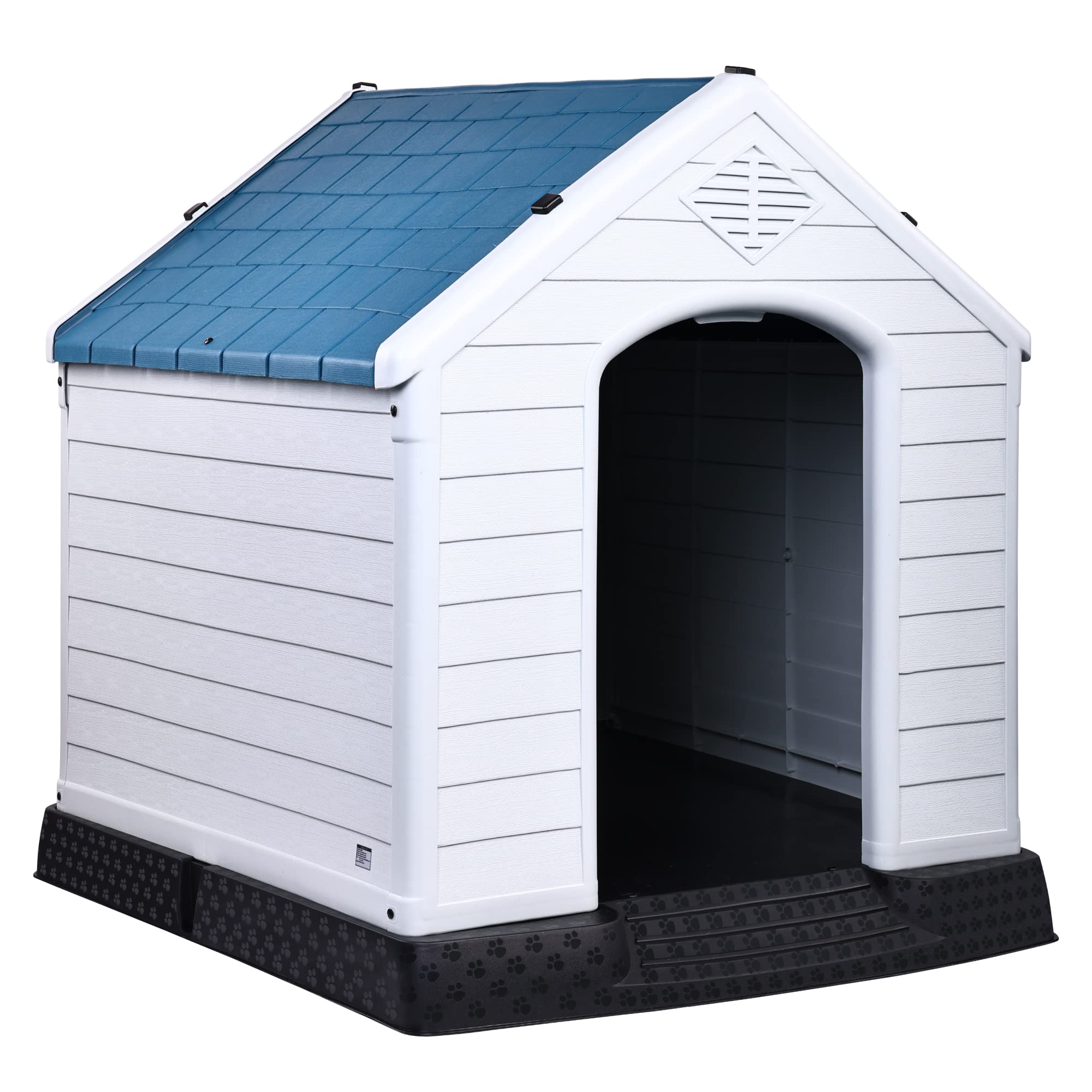 Elevon plastic dog house entrance view showing weather-ready design.