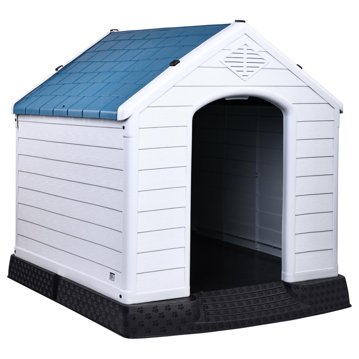 Elevon plastic dog house exterior front view highlights weatherproof design for outdoors.