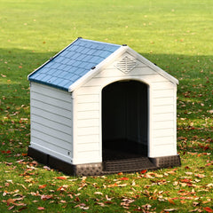 Elevon plastic dog house exterior front highlights easy assembly.