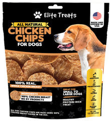 Elite Treats Chicken Chips in a resealable bag, ideal for training rewards.