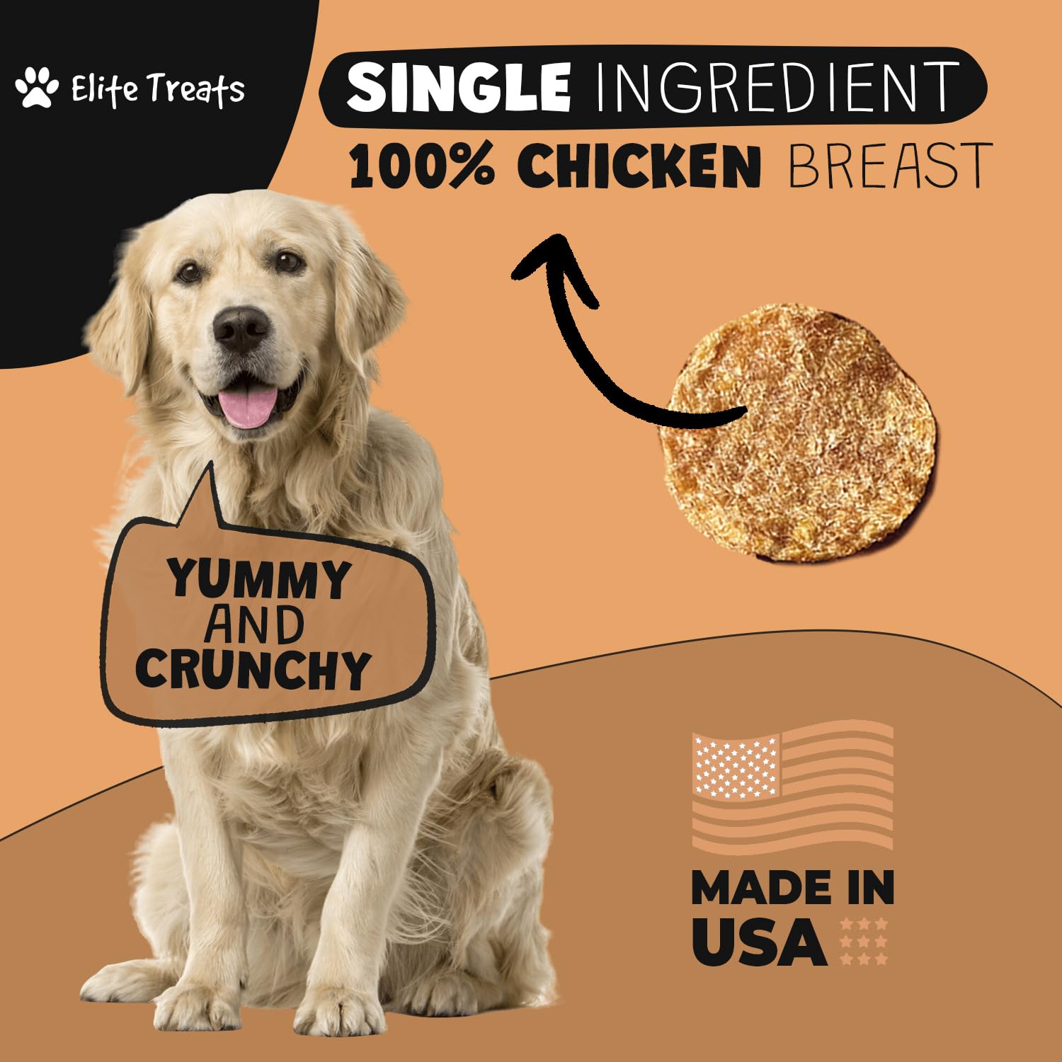 Close-up of Elite Treats Chicken Chips label, highlighting 100% chicken breast.