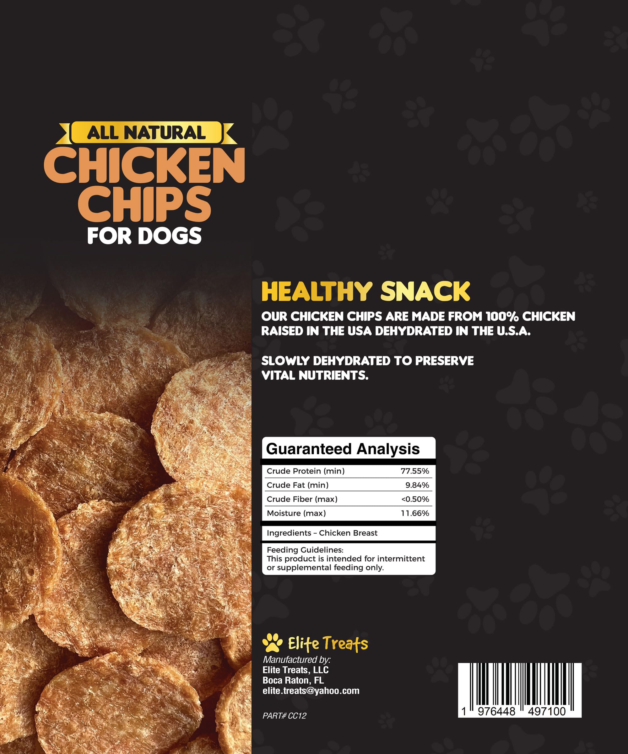 USA-made Elite Treats Chicken Chips served as wholesome protein snack.