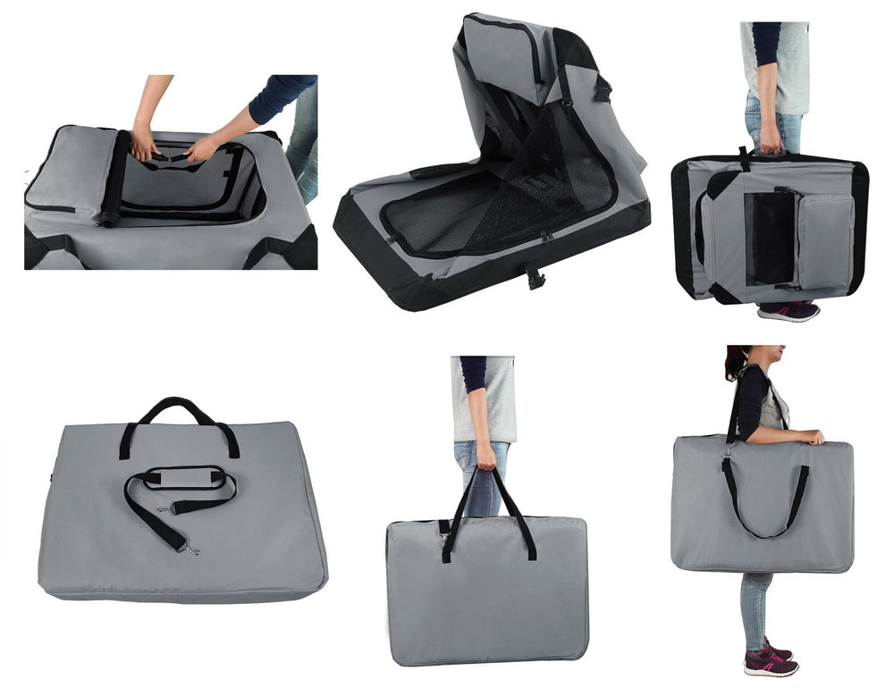 EliteField 3-Door folding soft dog crate carrying bag shown for easy travel and storage.