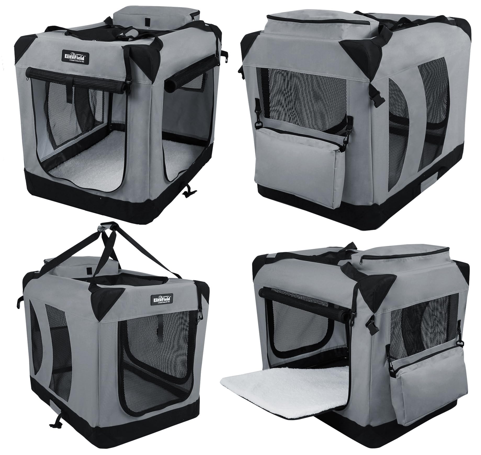 EliteField 3-Door folding soft dog crate side door allows versatile placement and breathability.