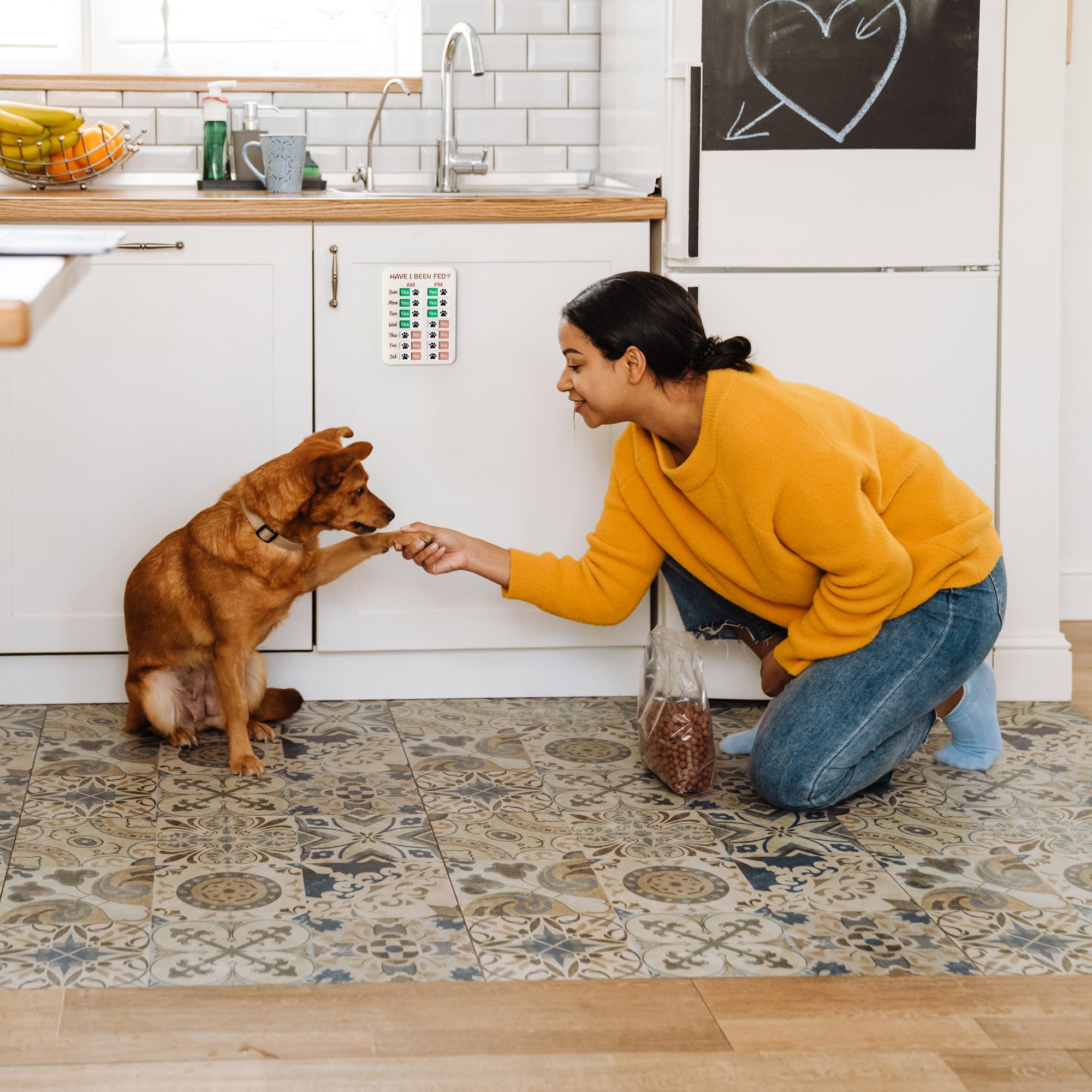 Elitesign dog feeding reminder in kitchen setup supports routine management.