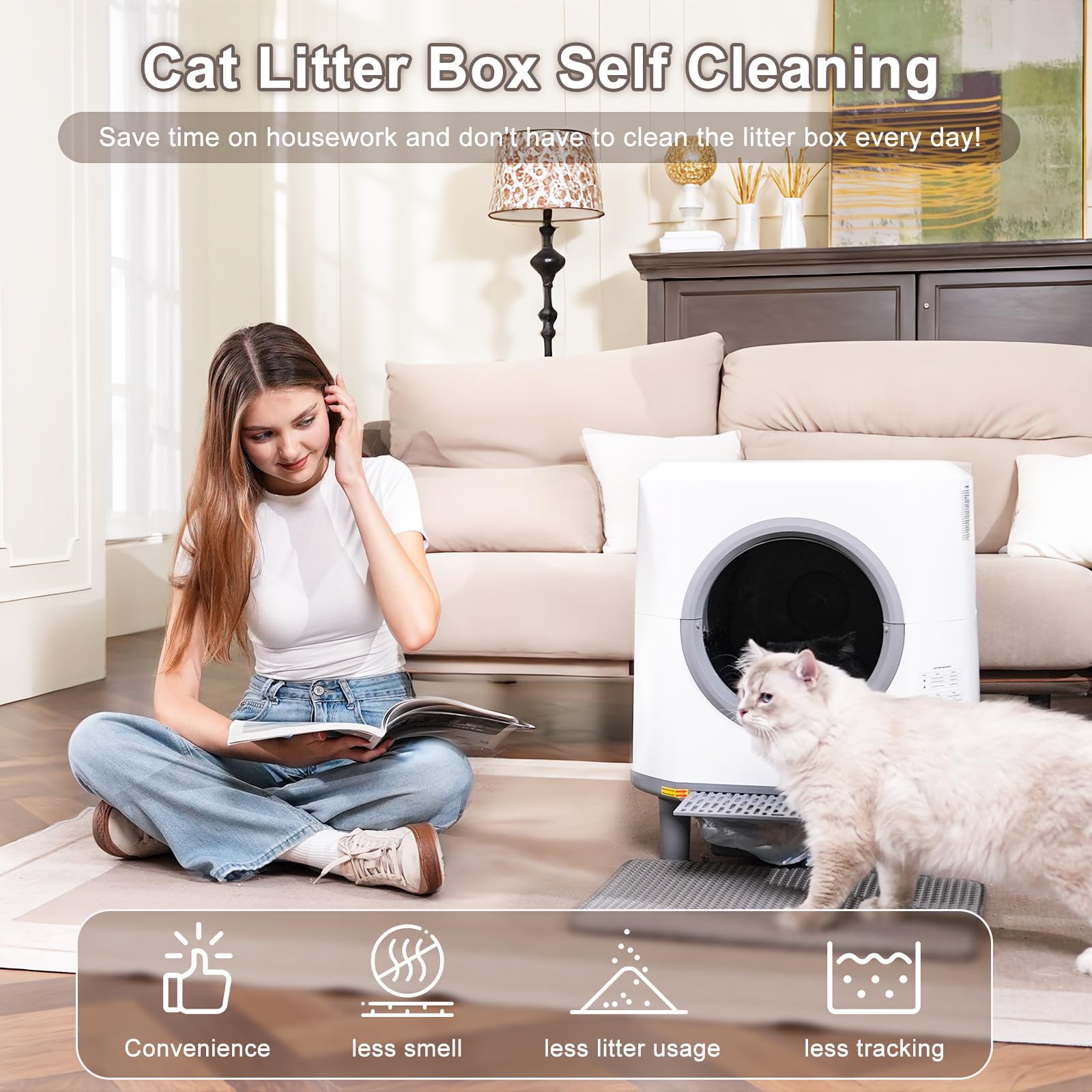 Ellenpent automatic litter box top view highlighting spacious interior and 90L footprint.