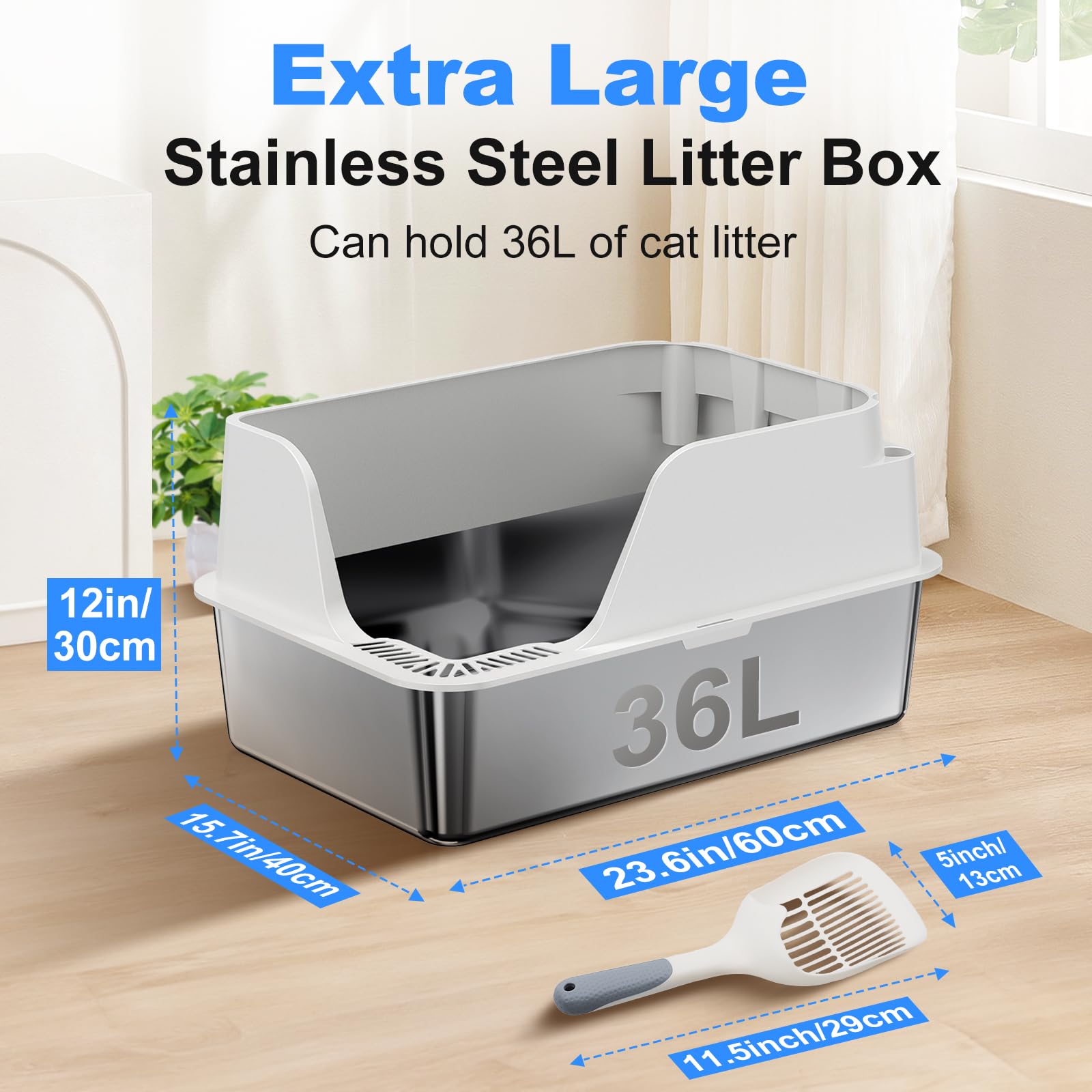 Ellenpent XL litter box measures 23.6x15.9x12 inches for multi-cat spaces.