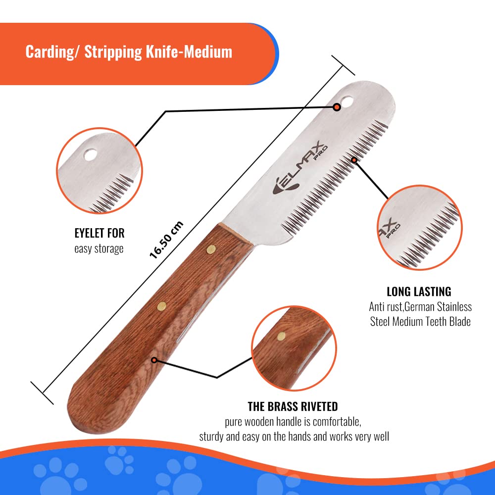 Elmax Pro stripping knife set with six types for versatile dog grooming.