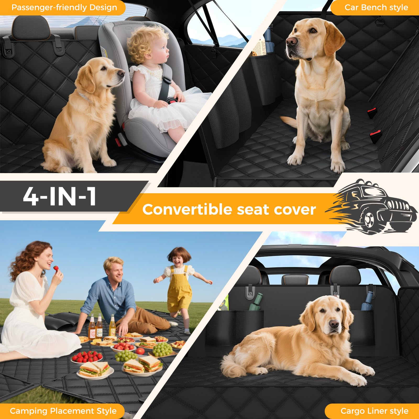 Elouta dog seat cover folds into camping mat for outdoor use.