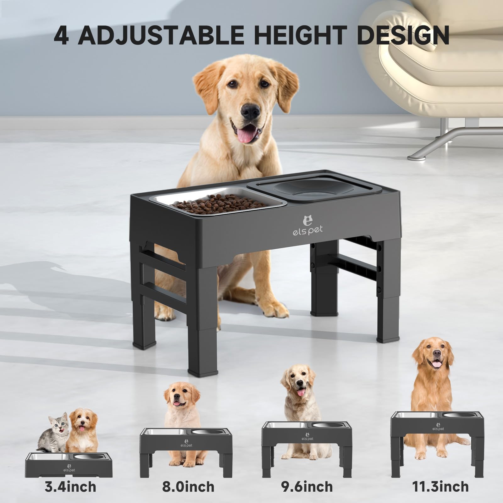 ELS PET height adjustment from 3.4 to 11.3 inches enables growth from puppy