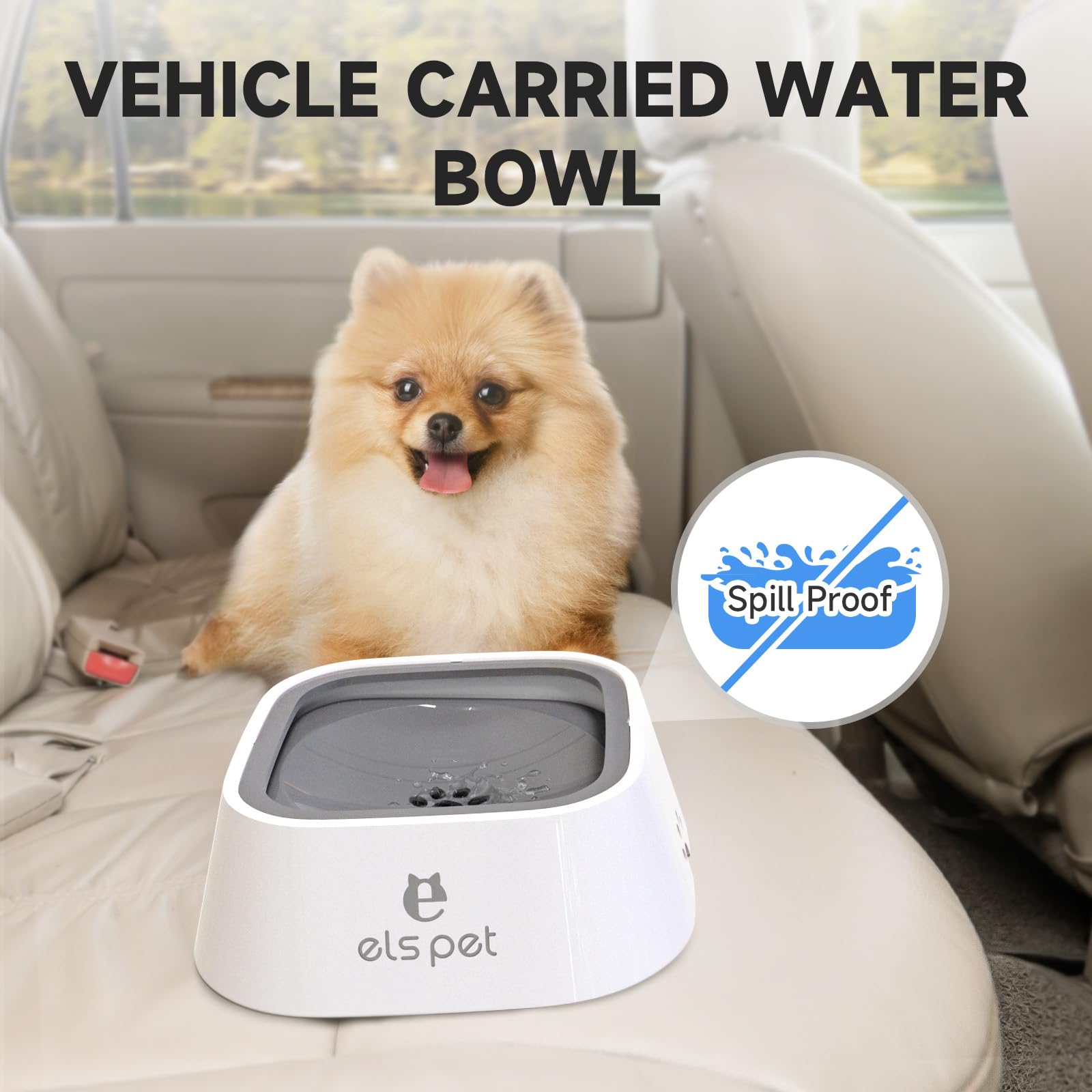 ELS PET splash-proof rim prevents spills in crates and cars.