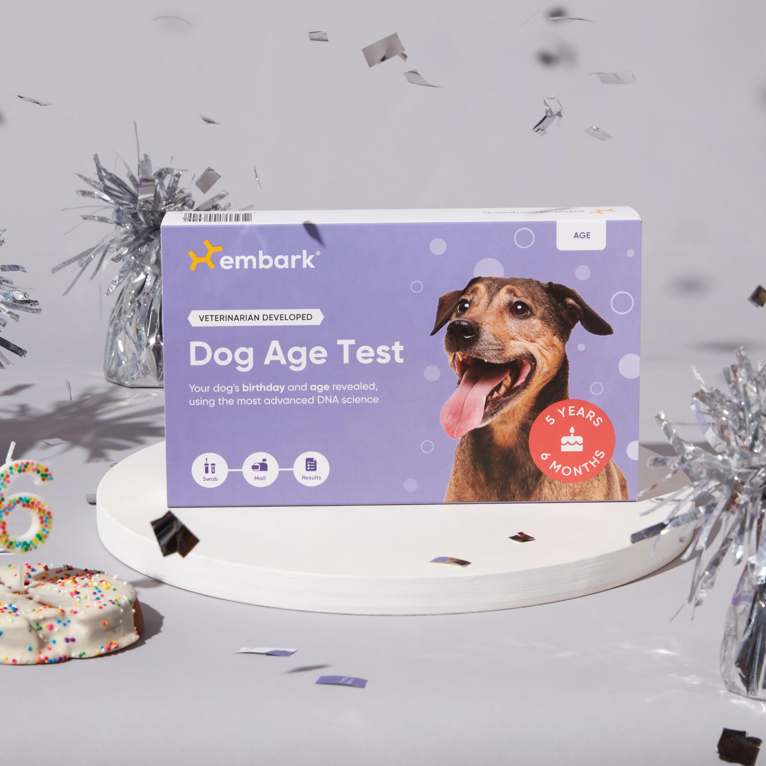 Embark Age Test Kit used with rescue dogs to guide wellness steps.