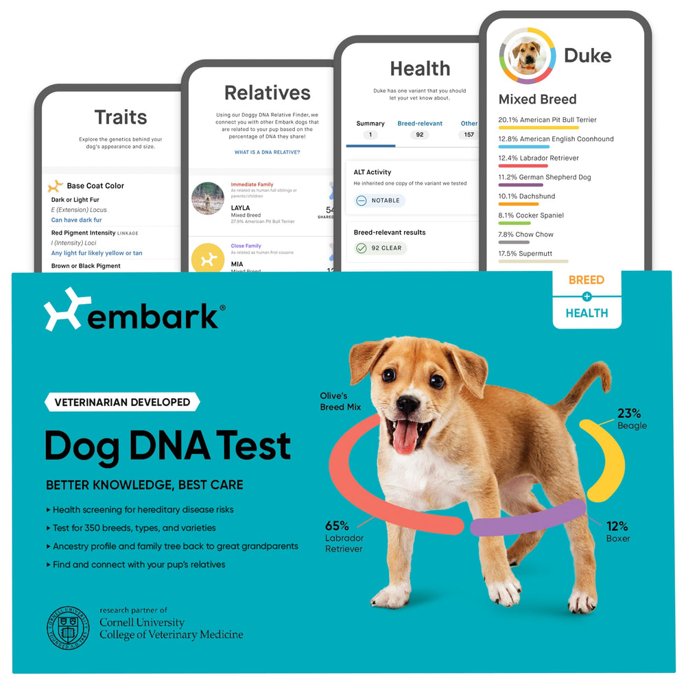 Embark Breed & Health Kit packaging shown for easy at-home pet DNA testing.