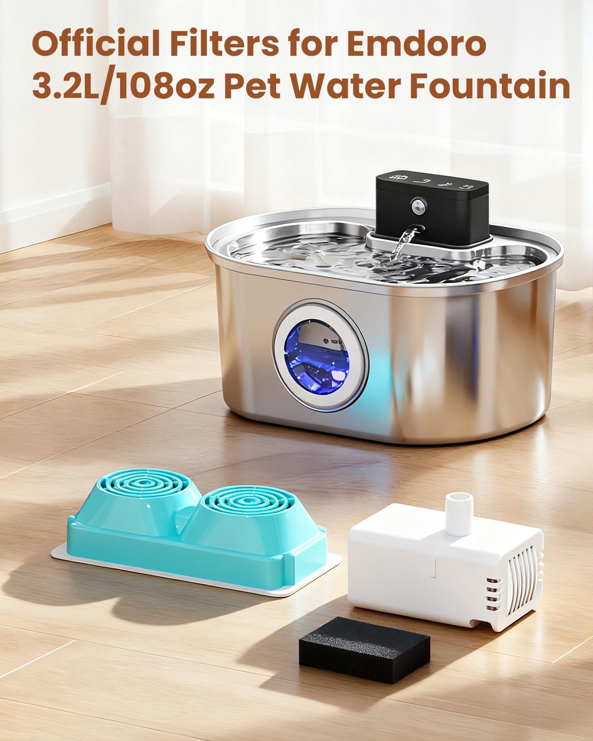 Emdoro stainless steel cat fountain receives filters for odor reduction.