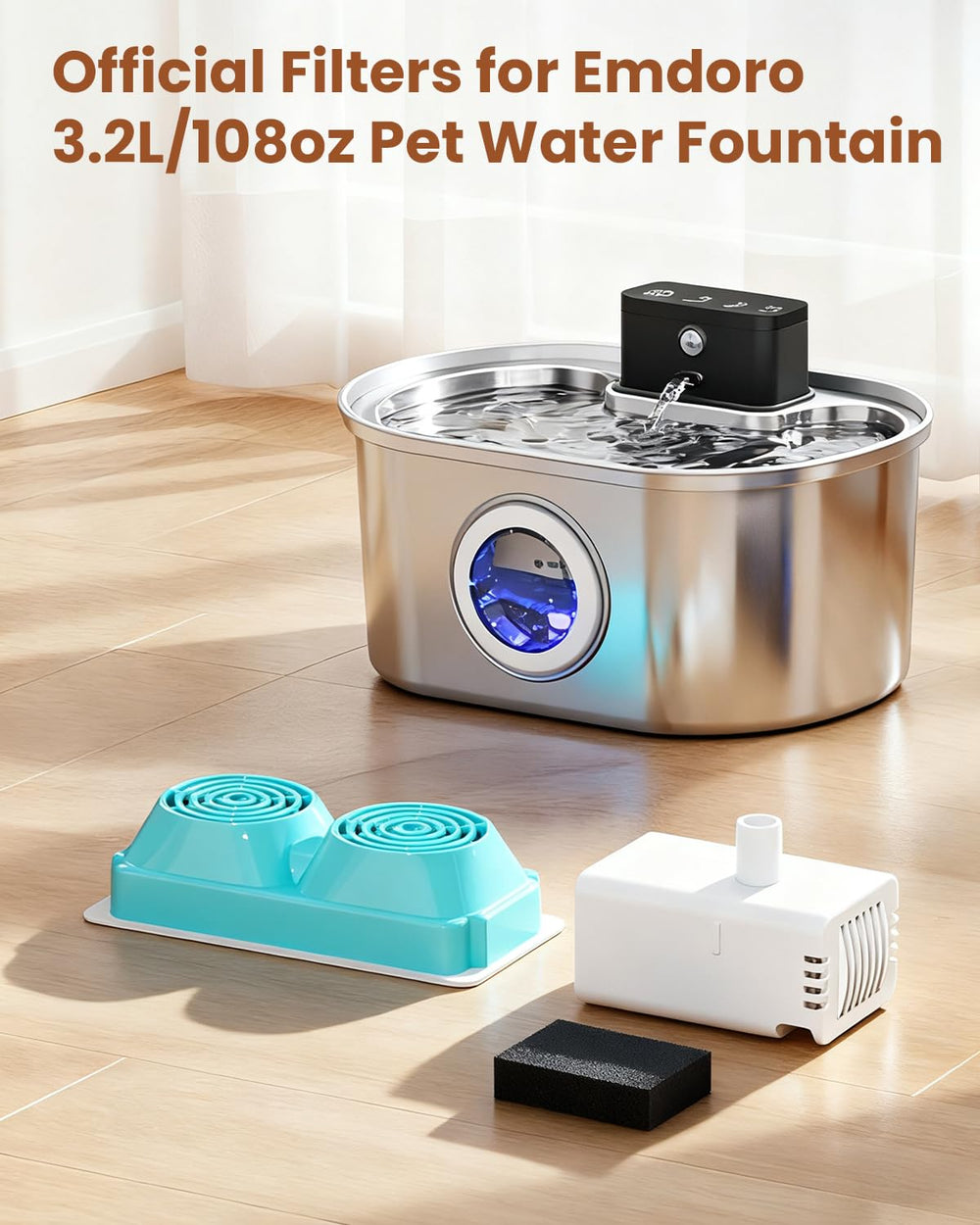 Emdoro stainless steel cat fountain receives filters for odor reduction.