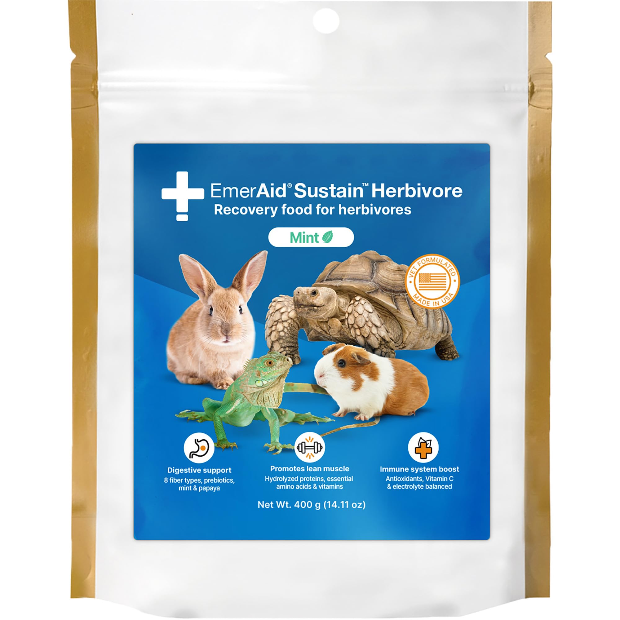 EMERAID Sustain Herbivore Mint pack shows balanced recovery nutrition for small pets.