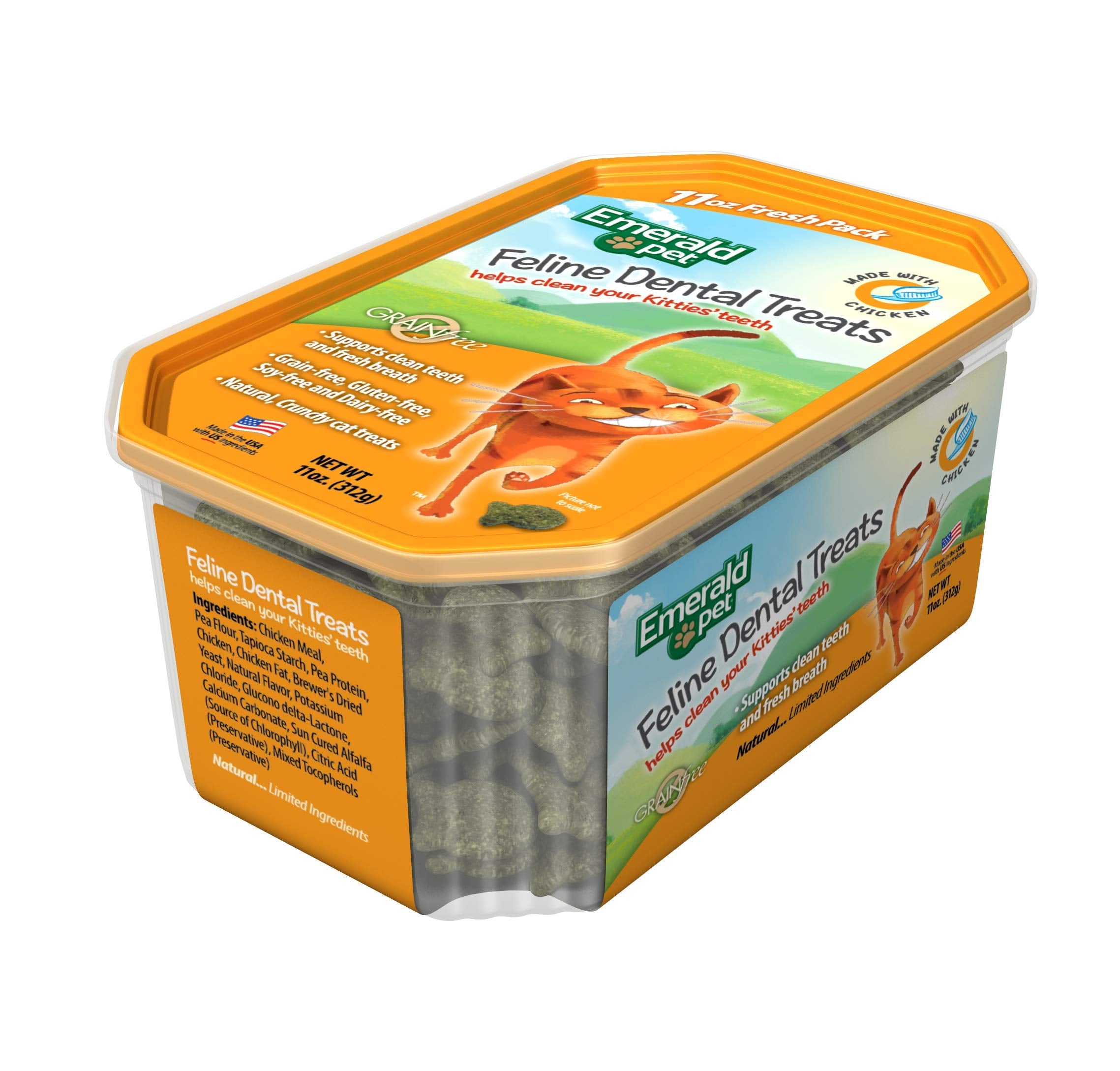 Emerald Pet cat dental treats breathe-freshening: chlorophyll helps neutralize odors.