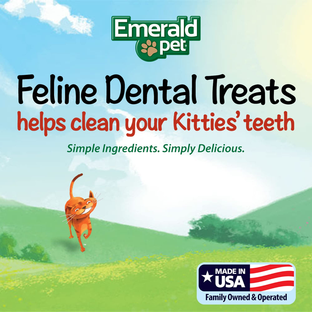 Emerald Pet cat with treat: content feline enjoying a dental reward.