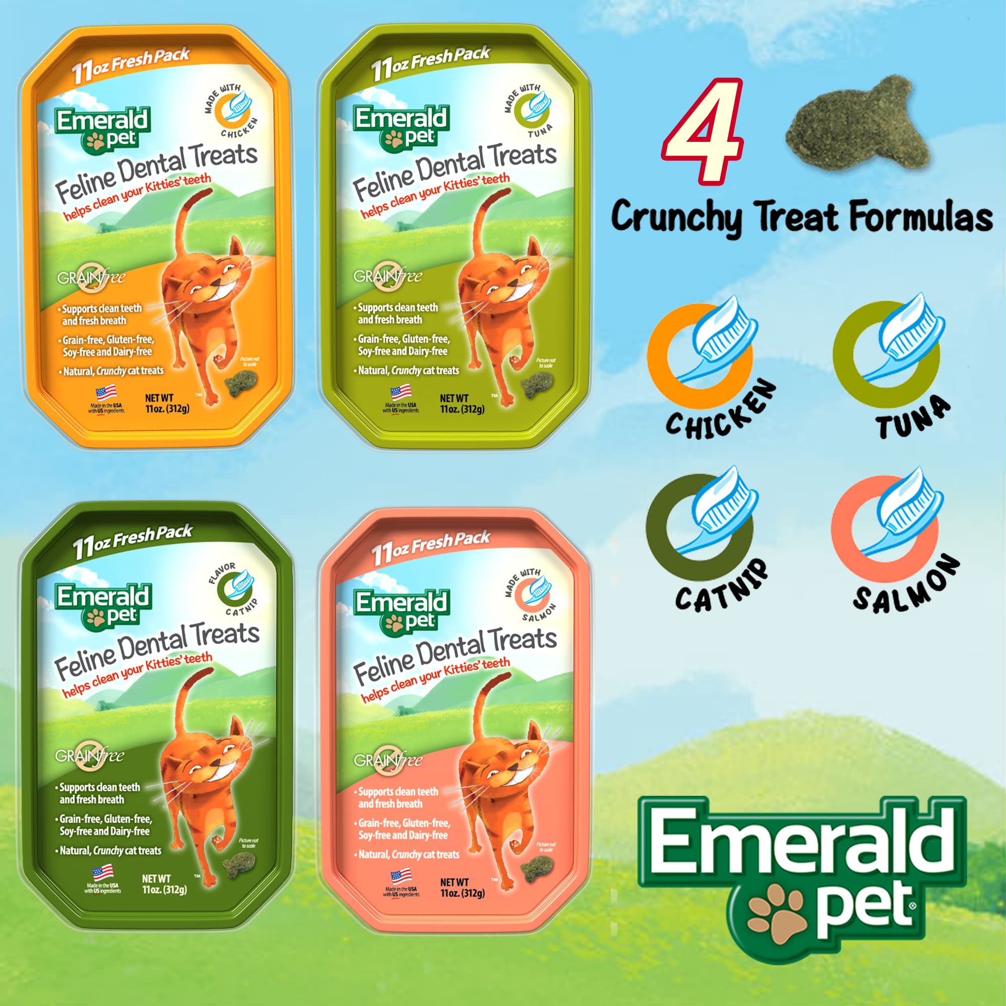 Emerald Pet cat dental treats chew-action pieces: encourages chewing for dental health.