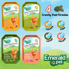 Emerald Pet cat dental treats chew-action pieces: encourages chewing for dental health.