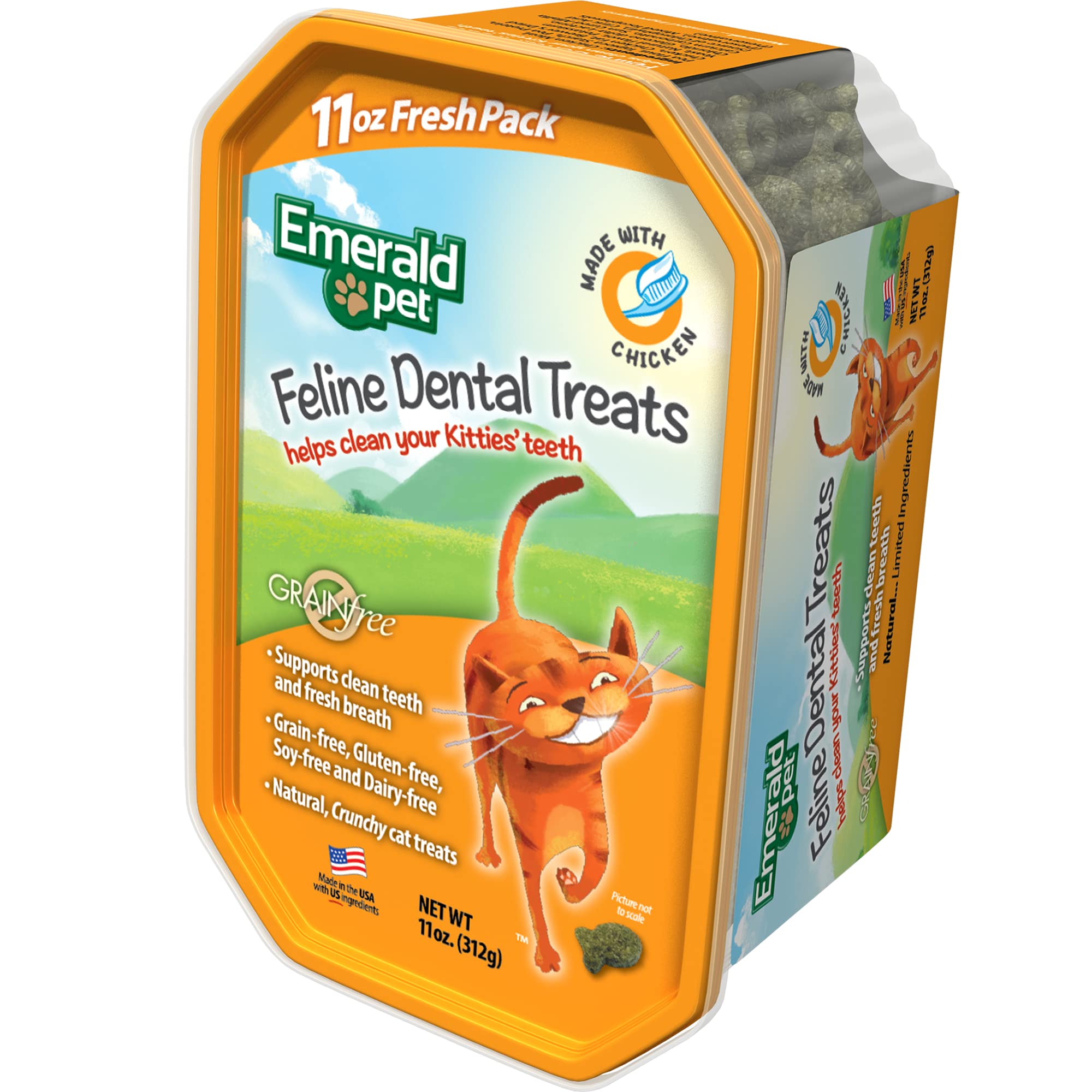 Emerald Pet cat dental treats chicken-tub: crunchy texture supports teeth cleaning and fresh breath.